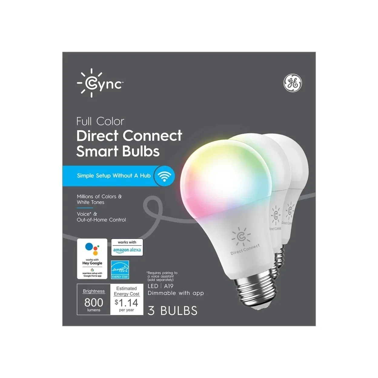 GE Lighting 990002186 LED 9W (60W Replacement) Smart Home Direct Connect Full Color Matter Compatible A19 Smart Bulbs, 4 Pack
