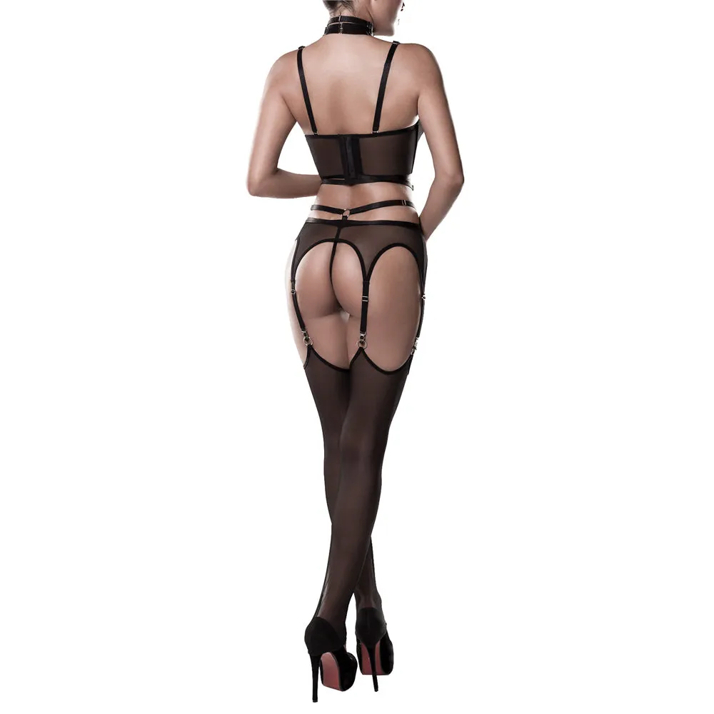 Grey Velvet Strappy Sheer Harness Bustier, Garter & Thong Set