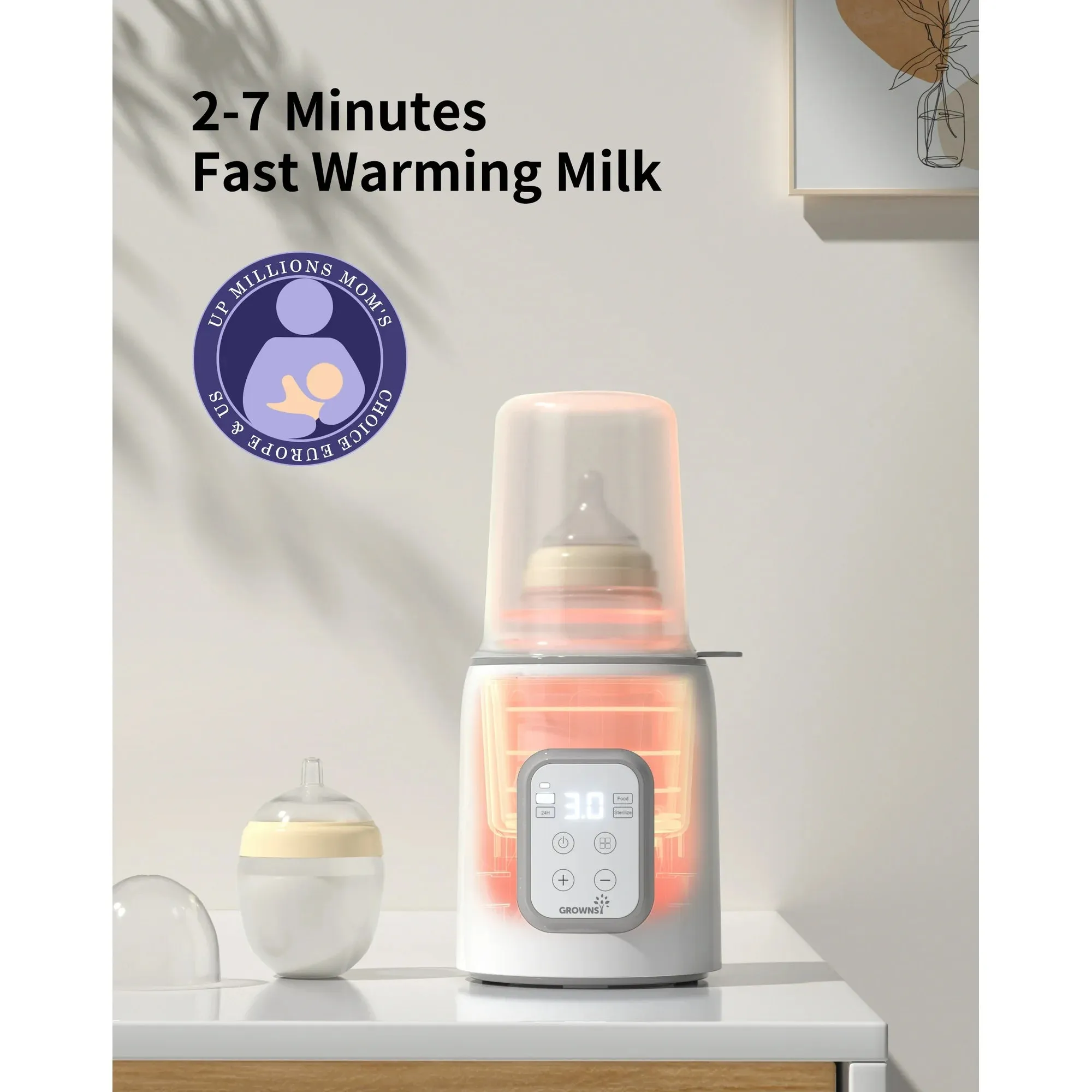 Grownsy 8-in-1 Baby Bottle Warmer Fast Warming, Accurate Temperature Control, Defrost, Sterilize, Keep Warm, Heat Baby Food Jars, Timer, BPA-Free, White