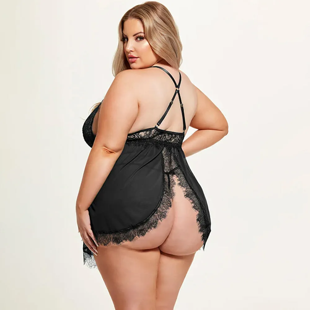 House of Desire Mila Open-Back Eyelash Lace Babydoll & Thong - Curvy