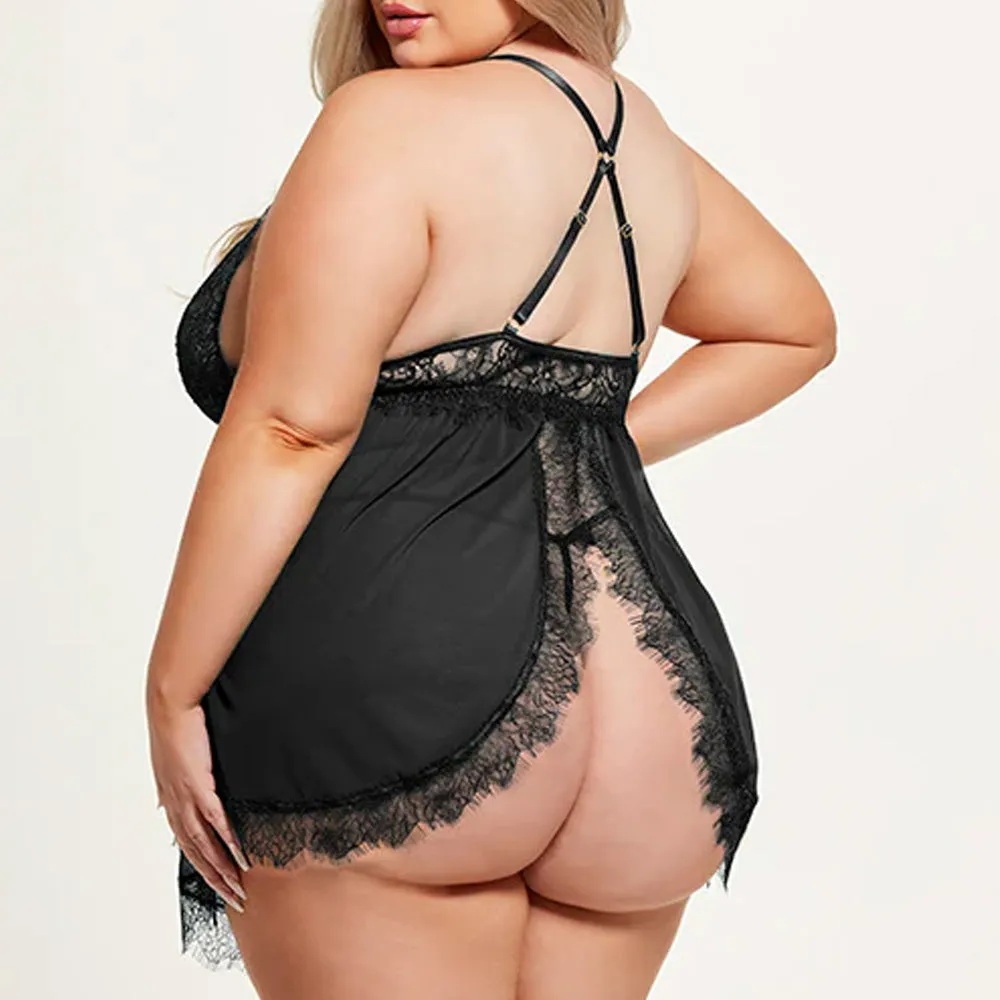 House of Desire Mila Open-Back Eyelash Lace Babydoll & Thong - Curvy