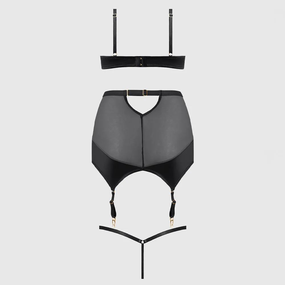 House of Desire Raquel Mesh Satin Bra, Garter Skirt & Thong - Curvy