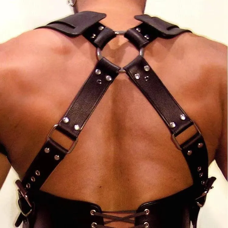 Leather Chest Bondage Harness Adjustable Shoulder Strap With Black Studs for Men