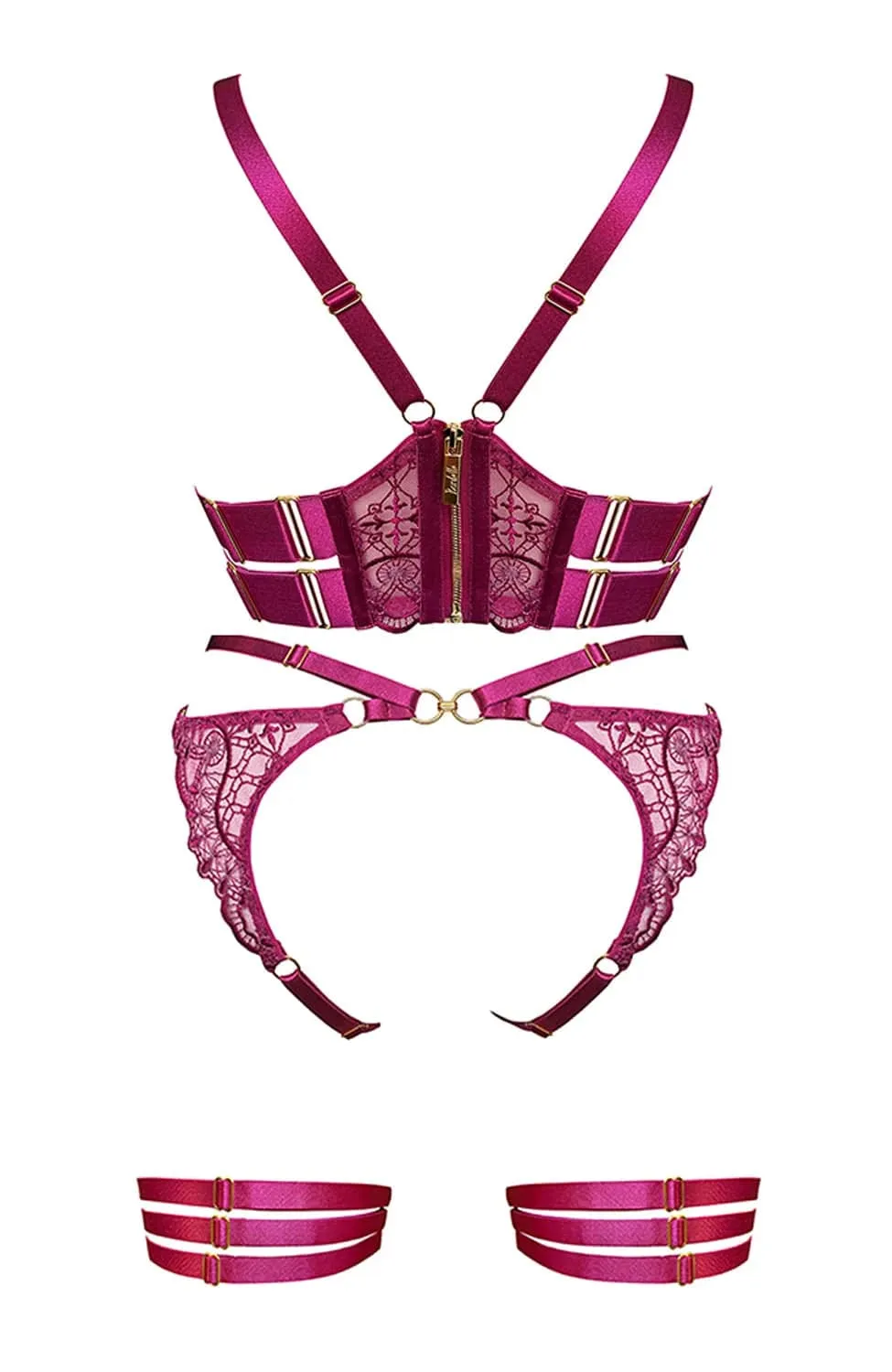 Mari Balconette Wire Bra, Open Back Brief and Garters Set