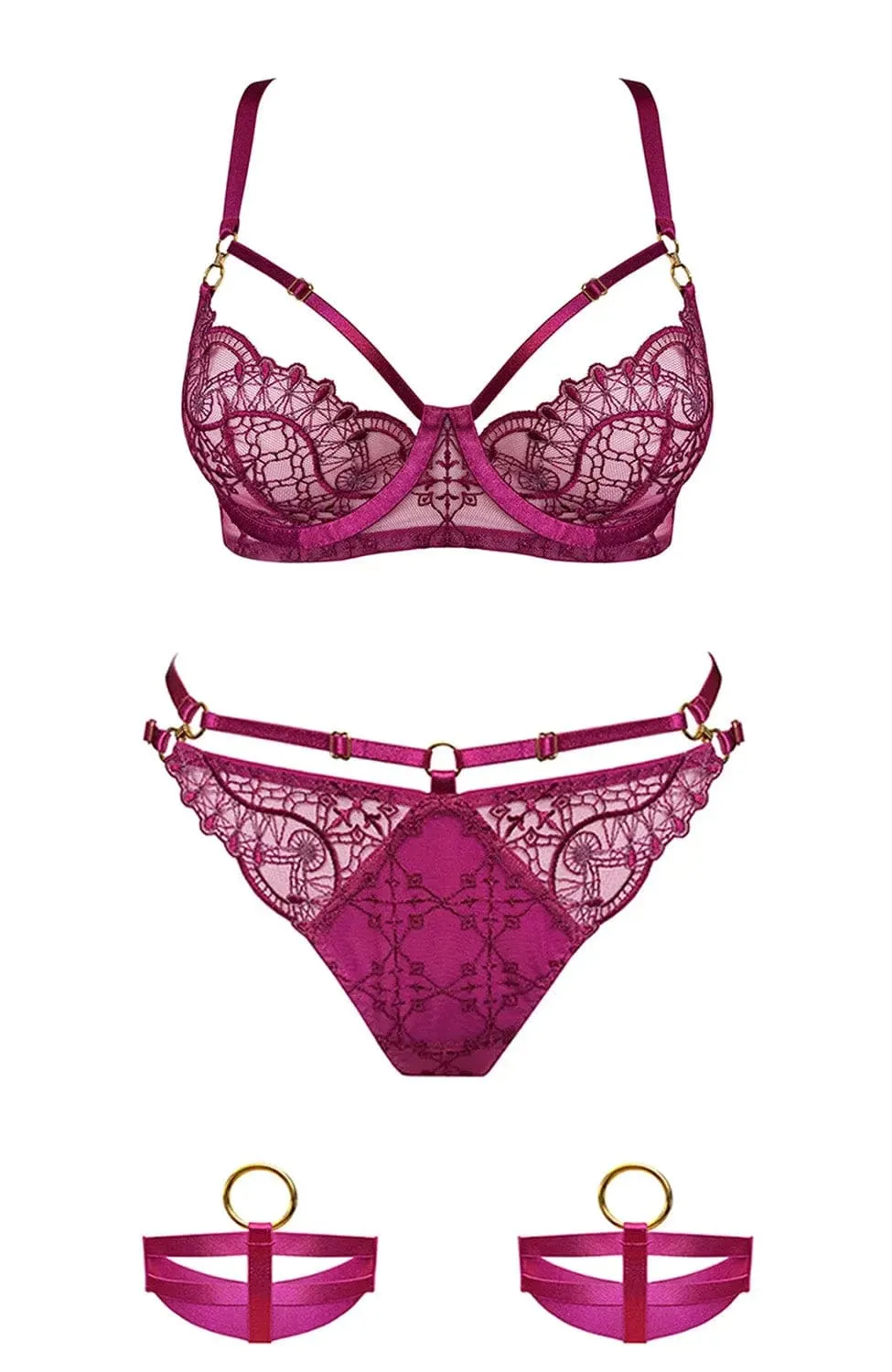 Mari Balconette Wire Bra, Open Back Brief and Garters Set