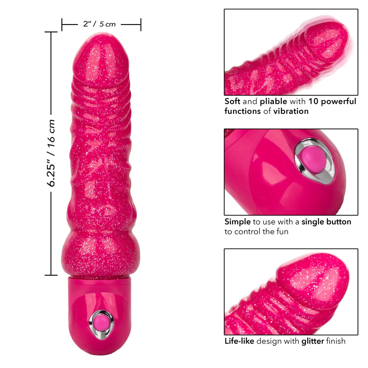 Naughty Bits LADY BONER Bendable Personal Vibrator Pink Glitter Battery Powered Vibrating Dildo