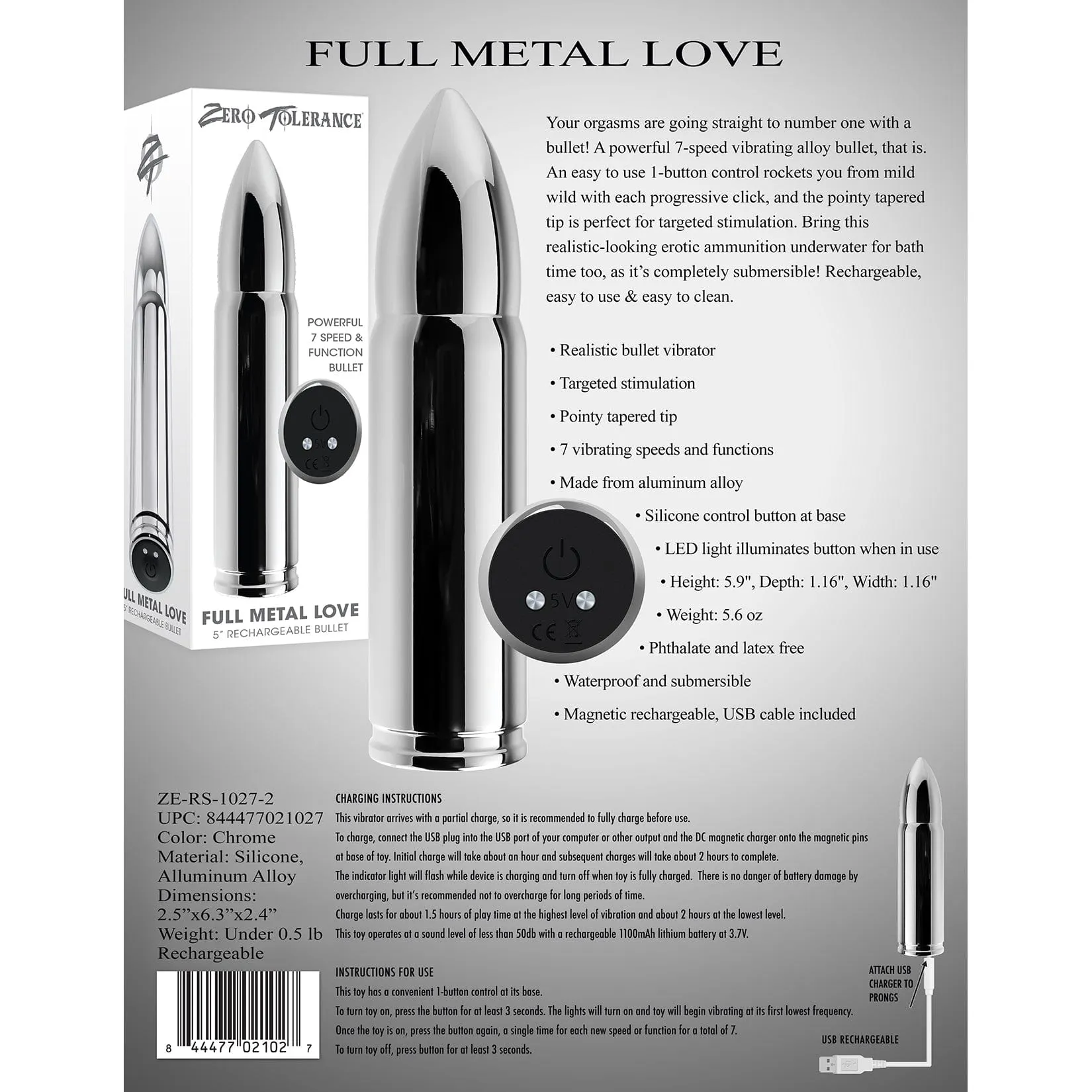 Zero Tolerance - Full Metal Love Rechargeable Bullet Vibrator (Silver)