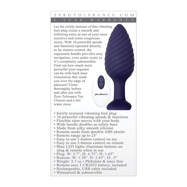 Zero Tolerance - Wicked Twister Remote Control Rechargeable Anal Plug (Purple)
